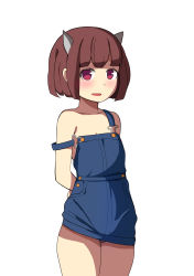 Rule 34 | 1girl, absurdres, arms behind back, bare shoulders, brown hair, collarbone, cowboy shot, highres, horns, looking at viewer, naked overalls, original, overalls, parted lips, purple eyes, simple background, smile, solo, strap slip, surio, white background