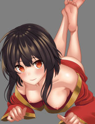 Rule 34 | 1girl, absurdres, alternate breast size, ass, bad id, bad pixiv id, bare shoulders, black hair, blush, bottomless, breasts, closed mouth, collarbone, dress, feet, feet up, grey background, highres, kono subarashii sekai ni shukufuku wo!, laikass, legs, long sleeves, looking at viewer, lying, medium breasts, megumin, nipples, off shoulder, on stomach, red dress, red eyes, short dress, short hair with long locks, smile, solo