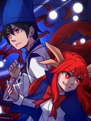 Rule 34 | 1boy, 1girl, black hair, blue capelet, blue headwear, bow, bowtie, bright pupils, capelet, closed mouth, commentary, dual persona, grin, hat, highres, horns, japanese clothes, long hair, long sleeves, red bow, red eyes, red hair, red neckwear, shingyoku (female), shingyoku (male), shingyoku (touhou), shirt, smile, speckticuls, tate eboshi, touhou, touhou (pc-98), v-shaped eyebrows, white pupils, white shirt, wide sleeves