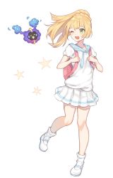 Rule 34 | 1girl, 1other, absurdres, backpack, bag, blonde hair, blunt bangs, closed eyes, commentary, cosmog, creatures (company), english commentary, floating, floating hair, full body, game freak, gen 7 pokemon, green eyes, hair between eyes, highres, hood, hood down, legendary pokemon, lillie (pokemon), long hair, looking at another, looking to the side, miniskirt, nintendo, one eye closed, open mouth, pink bag, pokemon, pokemon (creature), pokemon sm, ponytail, puffy short sleeves, puffy sleeves, shirt, short sleeves, skirt, smile, snowsakurachan, star (symbol), tongue, white footwear, white shirt, white skirt