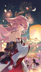 Rule 34 | 1girl, animal ears, back, back bow, backless outfit, bare shoulders, bow, closed mouth, commentary request, cowboy shot, crescent, detached sleeves, earrings, festival, fireworks, floppy ears, fox ears, from behind, genshin impact, hands up, highres, japanese clothes, jewelry, kimono, kongzao, lantern, long hair, looking at viewer, looking back, night, obi, paper lantern, people, pink hair, purple eyes, red skirt, sash, skirt, smile, solo focus, split mouth, tassel, white kimono, wide sleeves, yae miko