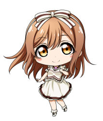 Rule 34 | 1girl, blush, boots, bow, brown eyes, brown hair, chibi, closed mouth, frilled shirt, frills, full body, hair between eyes, hair bow, hairband, kuena, kunikida hanamaru, long hair, love live!, love live! sunshine!!, shirt, short sleeves, simple background, skirt, smile, solo, standing, striped, striped bow, very long hair, white background, white bow, white footwear, white hairband, white shirt, white skirt