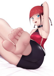 Rule 34 | 1girl, absurdres, asukagawa chise, barefoot, blue eyes, blush, braid, feet, foot focus, gridman universe, highres, long hair, looking at viewer, open mouth, red hair, soles, ssss.dynazenon, toes, twin braids