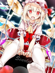 Rule 34 | 1girl, ascot, blonde hair, bow, drum, drum set, fang, feet, flandre scarlet, hat, hat bow, instrument, mob cap, oouso, open mouth, outstretched foot, puffy short sleeves, puffy sleeves, red eyes, shirt, shoes, short sleeves, single shoe, sitting, sitting on drum, skirt, skirt set, smile, solo, thighhighs, touhou, v arms, vest, white thighhighs, wings, wrist cuffs, zettai ryouiki