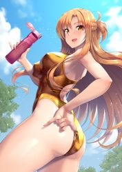 Rule 34 | 1girl, adjusting clothes, adjusting swimsuit, ass, asuna (sao), bare shoulders, blonde hair, blush, bottle, braid, breasts, competition swimsuit, covered erect nipples, female focus, from side, gold one-piece swimsuit, hassen (8cm), highleg, highleg swimsuit, highres, holding, holding bottle, large breasts, long hair, looking at viewer, one-piece swimsuit, open mouth, orange eyes, outdoors, parted bangs, sky, sleeveless, smile, solo, standing, swimsuit, sword art online, wedgie