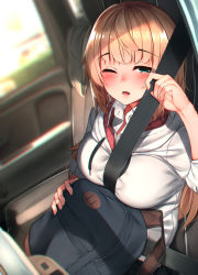 Rule 34 | 1girl, ;o, aqua eyes, backpack, bad id, bad pixiv id, bag, blonde hair, blurry, blush, breasts, buttons, collared shirt, commentary request, day, depth of field, drawstring, dress shirt, grey hoodie, hand up, highres, hood, hood down, hoodie, large breasts, long hair, looking at viewer, one eye closed, open mouth, original, rerrere, school uniform, seatbelt, shirt, sitting, solo, tearing up, vehicle interior, white shirt
