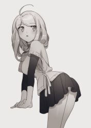 Rule 34 | 1girl, :o, ahoge, akamatsu kaede, black skirt, blonde hair, breasts, commentary request, danganronpa (series), danganronpa v3: killing harmony, from side, grey background, greyscale, hair between eyes, long hair, long sleeves, looking at viewer, monochrome, open mouth, own hands together, sidelocks, simple background, skirt, solo, standing, zang li