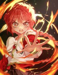 Rule 34 | 1girl, absurdres, angry, black background, blurry, bow, braid, depth of field, fire, foreshortening, highres, light particles, long hair, looking at viewer, magic knight rayearth, marimoppoi, open mouth, outstretched hand, red eyes, red hair, school uniform, shidou hikaru, single braid, solo, teeth, very long hair, white bow