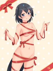 Rule 34 | 1girl, :q, absurdres, bird tail, black eyes, black hair, breasts, collarbone, convenient censoring, cowboy shot, groin, head wings, heart, highres, kemono friends, looking at viewer, medium breasts, naked ribbon, navel, nude, red ribbon, ribbon, shiraha maru, short hair, simple background, smile, solo, stomach, superb bird-of-paradise (kemono friends), tail, tongue, tongue out, wings