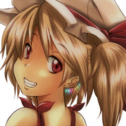 Rule 34 | 1girl, ao usagi, bare shoulders, blonde hair, cropped, earrings, female focus, flandre scarlet, grin, hat, hat ribbon, jewelry, looking at viewer, looking back, mob cap, red eyes, ribbon, side ponytail, smile, solo, touhou