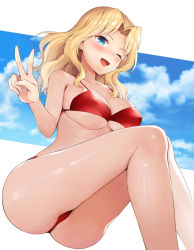Rule 34 | 10s, 1girl, ass, bikini, blonde hair, blue eyes, blue sky, breasts, chacharan, cloud, collarbone, commentary request, day, feet out of frame, from below, girls und panzer, highres, kay (girls und panzer), large breasts, legs together, looking at viewer, medium hair, open mouth, outside border, parted bangs, red bikini, shiny skin, sitting, sky, solo, swimsuit, v, wavy hair