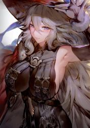 Rule 34 | 1girl, aos, armpits, bare shoulders, black dress, blue eyes, blush, breasts, cleavage, closed mouth, commentary request, detached sleeves, dress, granblue fantasy, hair between eyes, hat, highres, large breasts, long hair, looking at viewer, magisa (granblue fantasy), see-through, see-through cleavage, silver hair, wavy hair, witch hat