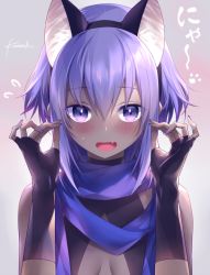 Rule 34 | 1girl, :d, animal ears, artist name, bare shoulders, black gloves, blue scarf, blush, cat day, cat ears, commentary request, dark-skinned female, dark skin, fake animal ears, fang, fate/prototype, fate/prototype: fragments of blue and silver, fate (series), fingerless gloves, gloves, hair between eyes, hairband, hassan of serenity (fate), kousaki rui, looking at viewer, open mouth, purple eyes, purple hair, scarf, short hair, sidelocks, signature, smile, solo