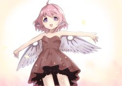 Rule 34 | 1girl, ahoge, bare arms, bare shoulders, bird wings, brown dress, cowboy shot, dress, highres, kotarou (yukina1721), mystia lorelei, open mouth, outstretched arms, petticoat, pink hair, purple eyes, short dress, smile, solo, touhou, wings
