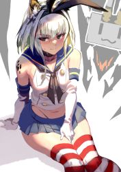 Rule 34 | 1girl, animal ear fluff, animal ears, arknights, bare shoulders, black choker, black eyes, black neckerchief, black ribbon, blue sailor collar, blue skirt, cat ears, choker, cosplay, crop top, elbow gloves, feet out of frame, gloves, hair ribbon, highres, kal&#039;tsit (arknights), kantai collection, looking at viewer, material growth, midriff, miniskirt, mon3tr (arknights), navel, neckerchief, okita ababa, oripathy lesion (arknights), pleated skirt, ribbon, sailor collar, sailor shirt, shimakaze (kancolle), shimakaze (kancolle) (cosplay), shirt, short hair, simple background, sitting, skirt, sleeveless, sleeveless shirt, solo, stomach, striped clothes, striped thighhighs, thighhighs, white background, white gloves, white hair, white shirt, zettai ryouiki
