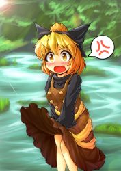 Rule 34 | 1girl, anger vein, blonde hair, blush, bow, breasts, clothes lift, clothes pull, d:, d:&lt;, dress, dress lift, dress pull, fang, female focus, fishing hook, fishing line, fun bo, hair bow, kurodani yamame, lens flare, open mouth, ponytail, river, short hair, small breasts, solo, spoken anger vein, touhou, v-shaped eyebrows, v arms, water, yellow eyes