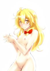 Rule 34 | 1girl, blonde hair, blush, bow, breasts, female focus, groin, hair bow, k2isu, kirisame marisa, long hair, navel, nipples, no headwear, nude, own hands clasped, own hands together, simple background, small breasts, smile, solo, touhou, white background, yellow eyes