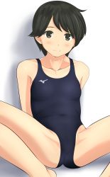 Rule 34 | 1girl, absurdres, black hair, black one-piece swimsuit, brown eyes, collarbone, commentary request, competition swimsuit, flat chest, highres, kantai collection, looking at viewer, mizuno (brand), mogami (kancolle), one-piece swimsuit, short hair, simple background, smile, solo, spread legs, swimsuit, takafumi, white background