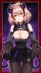Rule 34 | 1girl, absurdres, azur lane, black corset, black gloves, black skirt, breasts, cleavage, cleavage cutout, clothing cutout, corset, cowboy shot, detached sleeves, frills, gloves, headgear, highres, large breasts, light brown hair, looking at viewer, medium hair, miniskirt, mix muster, multicolored hair, pantyhose, red hair, roon (azur lane), roon (muse) (azur lane), skirt, solo, streaked hair, yellow eyes