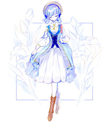 Rule 34 | 1girl, absurdres, ayaka (genshin impact), blue dress, blue hair, blunt bangs, boots, braid, breasts, brown footwear, brown headwear, closed eyes, closed mouth, collar, commentary, cross-laced footwear, dress, floral background, full body, genshin impact, hair up, high collar, highres, kamisato ayaka, kamisato ayaka (springbloom missive), knee boots, light blue hair, light blush, light smile, medium breasts, official alternate costume, official alternate hairstyle, pantyhose, skirt hold, solo, tatata taira, white background, white collar, white pantyhose