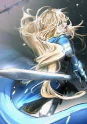 Rule 34 | 1girl, absurdres, ahoge, armor, blonde hair, blue cape, blue eyes, breastplate, cape, commentary request, gauntlets, highres, holding, holding sword, holding weapon, long hair, looking at viewer, looking back, messy hair, original, ossan zabi 190, plate armor, reverse grip, shoulder armor, solo, sword, weapon