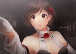 Rule 34 | 1girl, absurdres, after0217, bare shoulders, brown eyes, brown hair, collar, detached sleeves, flower, gloves, hair flower, hair ornament, hand up, highres, meiko (vocaloid), miku symphony (vocaloid), outstretched arm, parted lips, rose, short hair, solo, vocaloid