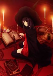 Rule 34 | 1girl, black thighhighs, book, bottle, bowl, brown eyes, brown hair, burning, candle, cape, dress, hat, hexagram, highres, indoors, knife, looking at viewer, magic circle, original, red dress, sitting, solo, sugina miki, thighhighs, wand, wariza, witch hat