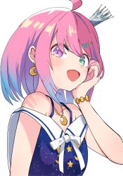 Rule 34 | 1girl, absurdres, ahoge, bare arms, bare shoulders, blue hair, bracelet, collarbone, commentary request, crescent print, crown, earrings, green eyes, hair ornament, hand on own face, heterochromia, highres, himemori luna, himemori luna (sundress), hololive, inapple, jewelry, looking at viewer, medium hair, mini crown, multicolored hair, necklace, open clothes, pink eyes, pink hair, shadow, simple background, solo, star (symbol), streaked hair, two-tone hair, upper body, virtual youtuber, white background