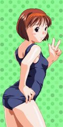 Rule 34 | 1girl, arched back, black eyes, brown hair, game cg, green background, hairband, hand on own hip, hip focus, kayama tamami, light smile, lowres, one-piece swimsuit, pixel art, red hairband, school swimsuit, solo, super real mahjong, swimsuit, tanaka ryou, v