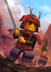 Rule 34 | 2boys, anggasatriohadi, architecture, armor, black eyes, black hair, cloud, crowd, dual wielding, east asian architecture, flag, frown, helmet, holding, holding sword, holding weapon, japanese armor, kabuto (helmet), lego minifig, male focus, mountain, multiple boys, original, ponytail, running, samurai, sky, sword, the lego group, v-shaped eyebrows, weapon