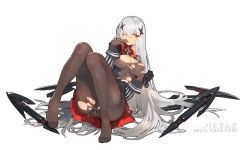 Rule 34 | 1girl, black pantyhose, brown gloves, cross, full body, gloves, hair ornament, highres, iron cross, kishiyo, long hair, long sleeves, looking at viewer, md5 mismatch, official art, one eye closed, orange eyes, original, pantyhose, resolution mismatch, shirt, silver hair, sitting, skirt, smile, solo, torn clothes, torn pantyhose, very long hair