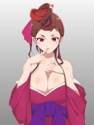 Rule 34 | 1girl, absurdres, bare shoulders, breasts, brown hair, cleavage, eyeshadow, finger to mouth, hair ornament, hair stick, hand up, highres, japanese clothes, kimono, kobune hoto, large breasts, makeup, red eyes, solo, upper body, wide sleeves, yuugiri (zombie land saga), zombie land saga
