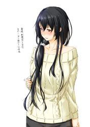 Rule 34 | 10s, 1girl, aran sweater, black hair, cable knit, casual, female admiral (kancolle), highres, kantai collection, long hair, niwatazumi, off-shoulder, off-shoulder sweater, off shoulder, red eyes, ribbed sweater, simple background, solo, standing, sweater, tatebayashi sakurako, very long hair, white background