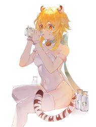 Rule 34 | 1girl, absurdres, alternate costume, animal ears, armlet, bare shoulders, bell, blonde hair, bottle, bow choker, bracelet, breasts, cleavage, collarbone, covered navel, drinking, feet out of frame, from side, full body, genshin impact, hands up, highres, holding, holding bottle, jewelry, leotard, looking ahead, lumine (genshin impact), medium breasts, milk bottle, neck bell, short hair with long locks, sidelocks, simple background, skindentation, solo, strapless, strapless leotard, tail, thighhighs, tiger ears, tiger tail, tongue, tongue out, white background, white leotard, white thighhighs, yaner 10, yellow eyes