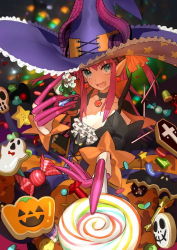 Rule 34 | 1girl, blue eyes, candy, choker, dress, earrings, elizabeth bathory (fate), elizabeth bathory (fate/extra ccc), elizabeth bathory (halloween caster) (fate), fate/grand order, fate (series), food, frills, halloween, halloween costume, hat, holding, horns, jack-o&#039;-lantern, jewelry, lollipop, long hair, looking at viewer, official art, open mouth, pink hair, pointy ears, pumpkin, sharp teeth, smile, solo, star (symbol), swirl lollipop, teeth, wada arco, witch hat
