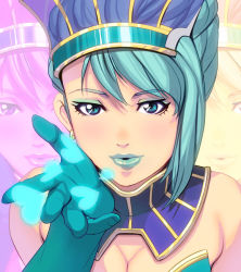Rule 34 | 10s, 1girl, aqua hair, bad id, bad pixiv id, bare shoulders, blowing kiss, blue eyes, blue rose (tiger &amp; bunny), breasts, cleavage, earrings, gloves, hat, heart, jewelry, karina lyle, kiss, kouno (masao), lips, lipstick, looking at viewer, makeup, pointing, solo, superhero costume, tiger &amp; bunny, upper body, zoom layer