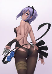Rule 34 | 1girl, absurdres, ass, back, bare back, bare shoulders, belt, between fingers, black hairband, black leotard, breasts, butt crack, dark-skinned female, dark skin, fate/prototype, fate/prototype: fragments of blue and silver, fate (series), fingerless gloves, gloves, hairband, halterneck, hassan of serenity (fate), highres, holding, knife, leggings, leotard, looking at viewer, looking back, medium breasts, pouch, purple eyes, purple hair, short hair, solo, thighs, throwing knife, weapon, yamachi (xadp7533)