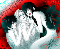 Rule 34 | 1boy, 2girls, absurdres, alucard (hellsing), artist name, barbed wire, black hair, blue eyes, completely nude, dual persona, fangs, girlycard, glasses, hellsing, highres, integra hellsing, limited palette, long hair, multiple girls, nude, open mouth, parted lips, red eyes, sharp teeth, teeth, tongue, tongue out, toshimichi yukari, vampire