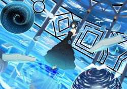 Rule 34 | 1girl, alua, arm up, bare shoulders, bird, black dress, black hair, book, cloud, dress, floating, flower, green eyes, hair ornament, highres, musical note, original, ripples, short hair, sky, solo, standing, standing on liquid, surreal, torch, treble clef, water