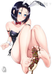 Rule 34 | 1girl, animal ears, arm support, artist logo, artist name, barefoot, between legs, between toes, black hair, black leotard, blue eyes, blush, bob cut, bow, bowtie, breasts, chocolate, chocolate banana, chocolate on body, closed mouth, collarbone, commentary request, detached collar, english text, fake animal ears, feet, food on body, forehead, foreshortening, full body, hairband, hand between legs, head tilt, highres, knees up, leaning back, legs, leotard, looking at viewer, medium breasts, medium hair, original, parted bangs, playboy bunny, rabbit ears, red bow, red bowtie, sexually suggestive, shadow, shiny skin, side-tie leotard, sidelocks, simple background, simulated footjob, solo, spread toes, sprinkles, thighs, toenails, toes, white background, wrist cuffs, zaregoto tsukai no deshi