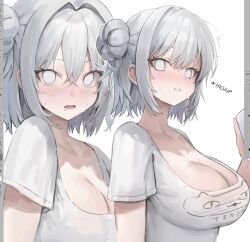 Rule 34 | 1girl, absurdres, alternate costume, azur lane, blush, breasts, cleavage, closed mouth, collarbone, embarrassed, empty eyes, freng, grey eyes, grey hair, hair between eyes, hair bun, hair intakes, hiccup, highres, jade (azur lane), large breasts, looking at viewer, mole, mole under eye, multiple views, open mouth, saliva, saliva trail, shirt, short hair, short sleeves, simple background, sweat, t-shirt, upper body, white shirt