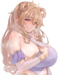 Rule 34 | 1girl, armpit crease, bare shoulders, blush, bracer, breasts, brown hair, butterfly (love live!), closed mouth, clothes pull, collarbone, commentary request, crop top, detached sleeves, ear blush, fingernails, gold trim, hair between eyes, hand up, highres, jewelry, konoe kanata, large breasts, long hair, long sleeves, looking at viewer, love live!, love live! nijigasaki high school idol club, midriff, nasuno (nasuno42), neck ring, nose blush, pulling own clothes, purple eyes, purple shirt, see-through, shiny skin, shirt, shirt pull, sideboob, sidelocks, simple background, skindentation, sleeveless, sleeveless shirt, smile, solo, steaming body, sweat, tiara, two side up, upper body, wavy hair, white background