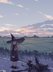 Rule 34 | 10s, 1girl, 2016, absurdres, bird, black footwear, black hat, black ribbon, black robe, blonde hair, broom, broom ribbon, cloud, cloudy sky, commentary request, crow, dated, day, evening, field, hat, highres, long hair, original, ribbon, road, robe, shoes, signature, sky, witch, witch hat, zennosuke