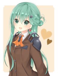 Rule 34 | 10s, 1girl, :d, alternate hairstyle, ascot, bad id, bad twitter id, blazer, buttons, close-up, earrings, green eyes, green hair, hair between eyes, half updo, heart, heart-shaped lock, heart background, heart earrings, highres, jacket, jewelry, kantai collection, lock, lock earrings, looking at viewer, matching hair/eyes, open mouth, pink background, school uniform, shoulder pads, smile, solo, souhi, suzuya (kancolle), upper body