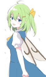 Rule 34 | 1girl, blue eyes, blue skirt, blue vest, blush, breasts, daiyousei, fairy, fairy wings, fujishiro emyu, green hair, hair between eyes, long hair, looking at viewer, medium breasts, one side up, open mouth, puffy short sleeves, puffy sleeves, shirt, short sleeves, simple background, skirt, smile, solo, touhou, vest, white background, white shirt, wings