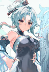 Rule 34 | 1girl, absurdres, aged down, bare shoulders, blue hair, blush, breasts, dress, genshin impact, grey dress, hair ornament, highres, instrument, large breasts, light blue hair, long hair, looking at viewer, madame ping (genshin impact), open mouth, parted bangs, purple eyes, sidelocks, solo, temir