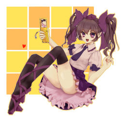 Rule 34 | 1girl, black thighhighs, blush, bow, brown hair, camera phone, cellphone, checkered clothes, checkered skirt, female focus, geta, hair bow, harami (mxp0109), hat, himekaidou hatate, long hair, open mouth, panties, pantyshot, phone, pointy ears, red eyes, skirt, smile, solo, thighhighs, tokin hat, touhou, twintails, underwear