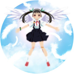 Rule 34 | 1girl, bad id, bad pixiv id, black hair, hachikuji mayoi, hairband, long hair, monogatari (series), onimonogatari, outstretched arms, red eyes, skirt, spread arms, suspender skirt, suspenders, tears, twintails, wanco, wings