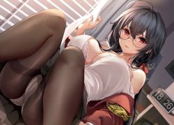 Rule 34 | 1girl, ahoge, armband, azur lane, bare shoulders, black hair, black skirt, bra, breasts, brown pantyhose, cameltoe, cleavage, commentary request, crossed bangs, curtains, dutch angle, fine fabric emphasis, glasses, hair intakes, hair ribbon, highres, holding, huge ahoge, jacket, knees up, lace, lace bra, large breasts, leaning back, long hair, off shoulder, official alternate costume, open clothes, open shirt, panties, panties under pantyhose, pantyhose, partially unbuttoned, pink bra, red eyes, red jacket, red ribbon, ribbon, rikiddo (tise 00), round eyewear, school uniform, sitting, skirt, smile, solo, taihou (azur lane), taihou (sweet time after school) (azur lane), thighs, underwear, white panties, window blinds, yellow armband