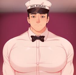 Rule 34 | 1boy, absurdres, bara, black hair, blurry, blurry background, bow, bowtie, closed mouth, collared shirt, francis mosses, hat, highres, large pectorals, looking at viewer, male focus, muscular, muscular male, pectorals, rapbitan, shirt, short hair, solo, that&#039;s not my neighbor, white shirt